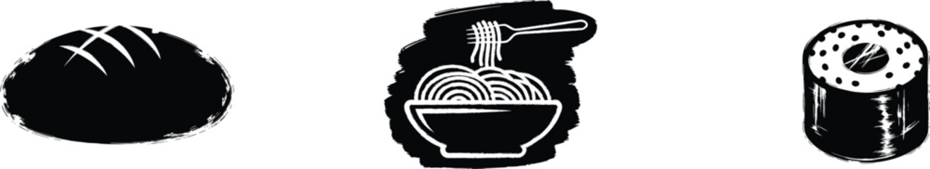 Bakery and Asian Cuisine Icon Set with Bakery Bread, Pasta Dish and Sushi Roll