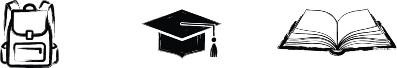 Education Icon Set with School Backpack, Graduation Cap and Open Book Reading