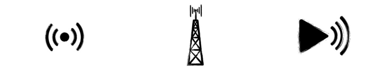 Broadcast Communication Icon Set with Radio Wave, Broadcasting Tower and Voice Message