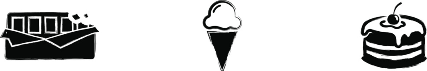 Dessert and Seafood Icon Set with Sushi Roll, Ice Cream Cone and Dessert Cake