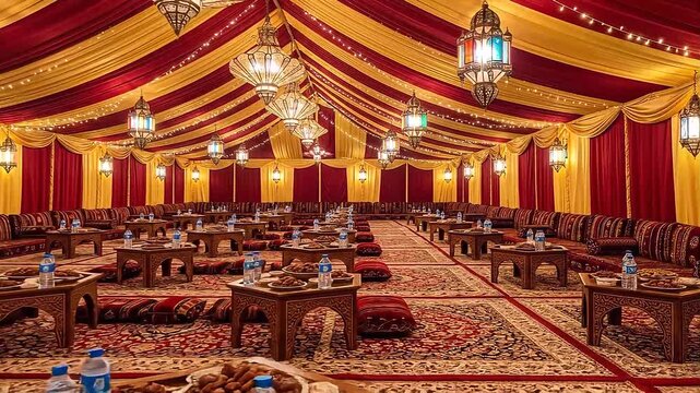 Ornate tent interior with seating and food ready for guests