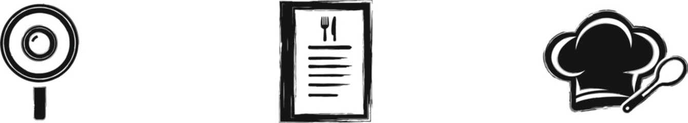 Food and Kitchen Icon Set with Smoothie Blender, Restaurant Menu and Chef Hat Cooking