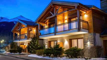 Obraz premium Cozy Wooden Chalets with Modern Design in Serene Mountain Landscape During Twilight, Illuminated Exterior and Inviting Atmosphere for Relaxation