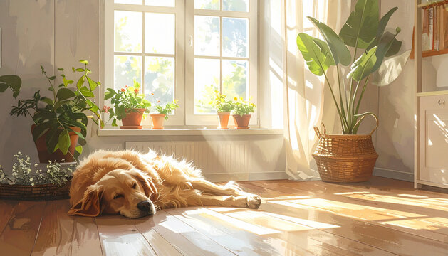 Calm and gentle dog resting at home with bright natural light coming through the window