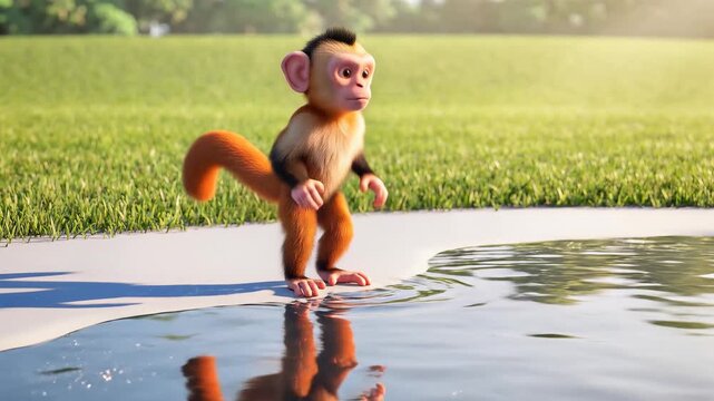 A cartoon orange monkey in dance mode standing near water's edge in a serene outdoor setting