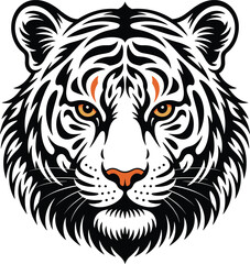 Obraz premium Fierce White Tiger Head Mascot Illustration Featuring Striking Orange Eyes and Bold Black Stripes for Sports Team Logo Gaming Identity and Wildlife Conservation Branding Vector Art