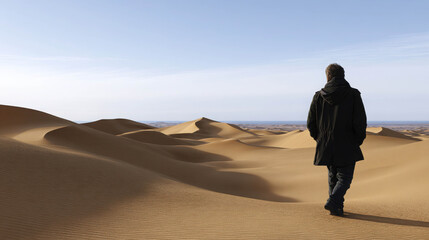 Solitary Figure Walking Through Expansive Sand Dunes Under Clear Blue Sky in Tranquil Desert Landscape