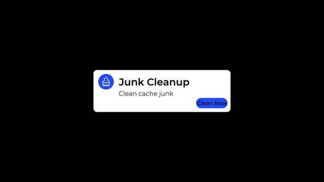 clean cache junk popup alert animation for smartphone storage cleaner app.