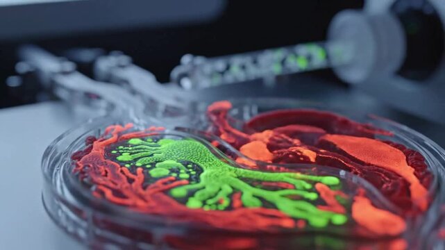 3D printed lung model with flowing red and green liquids