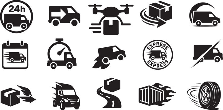 Fast shipping icon collection. Truck, van and 24 hour express delivery