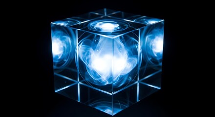 Captivating three dimensional crystal cube illuminated with brilliant swirling blue energy producing abstract digital science fiction concept art on transparent background