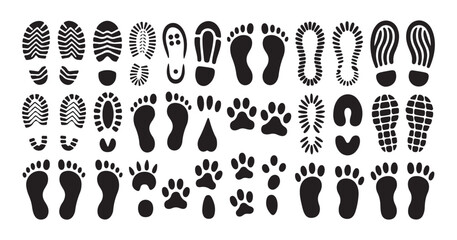 Footprint set, shoe sole, boots, bare foot, and animal paw prints isolated on white background, vector © Sen