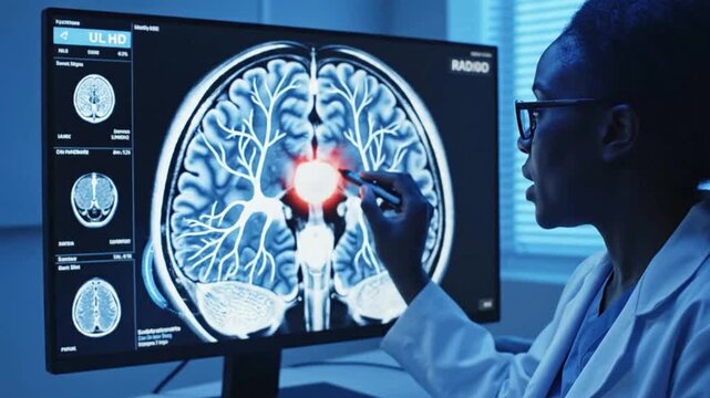 Doctor examines brain MRI scan highlighting abnormality on screen