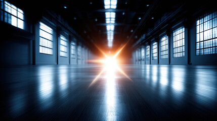 Spacious industrial interior with vibrant light rays shining through tall windows creating a dramatic and captivating atmosphere for various uses