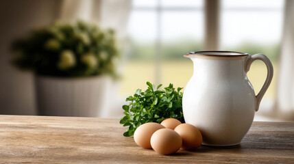 Fresh Farm Eggs, Green Herbs, and White Ceramic Jug on Wooden Table with Soft Natural Light and Blurry Background of Plants