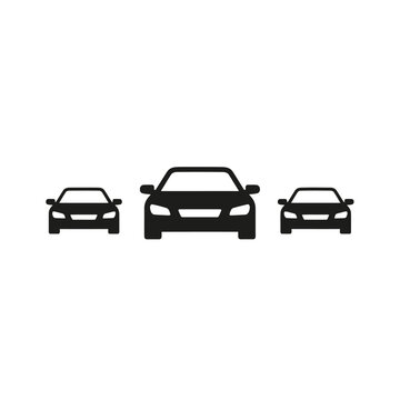 Silhouettes of three generic passenger cars in a row, symbolizing traffic flow, automotive industry, and transportation, isolated white background.