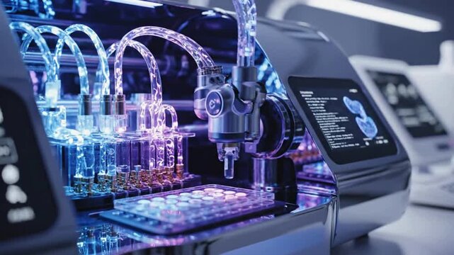 Automated medical laboratory robot dispensing liquid into sample plates