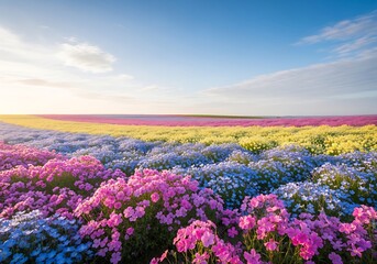 Fototapeta premium Vast Blooming Flower Field Under Wide Open Sky With Wispy Clouds Inspiring Landscape Scenes Of Nature And Growth