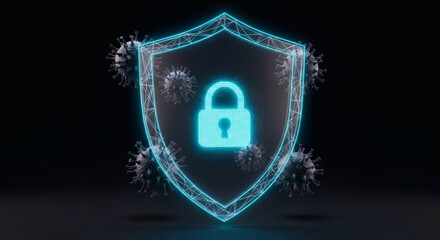Fototapeta premium Digital security concept featuring a glowing blue shield and padlock, symbolizing strong protection against virtual threats and data breaches
