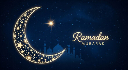 Fototapeta premium Ramadan mubarak greeting card with crescent moon and stars on dark blue night sky background with mosque silhouette