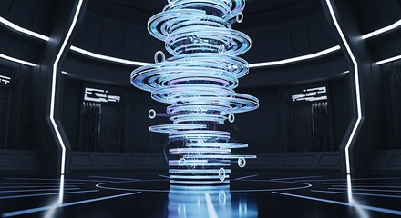 Abstract visualization of a vibrant glowing light vortex forming a futuristic digital data stream or energy conduit structure on transparent background