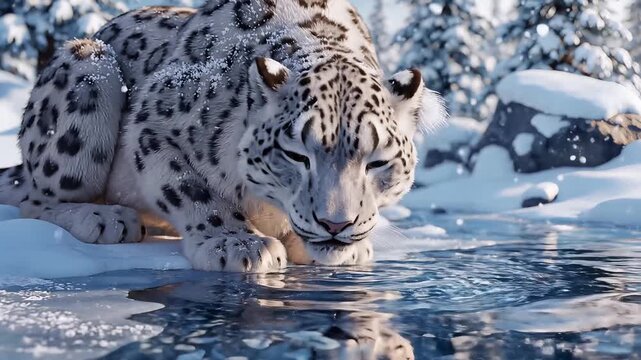 A cartoon snow leopard relaxing beside a serene lake in a snowy landscape viewed from a close-up perspective