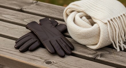 Pair of dark leather gloves rests beside a cream knitted scarf upon weathered wooden planks outdoors