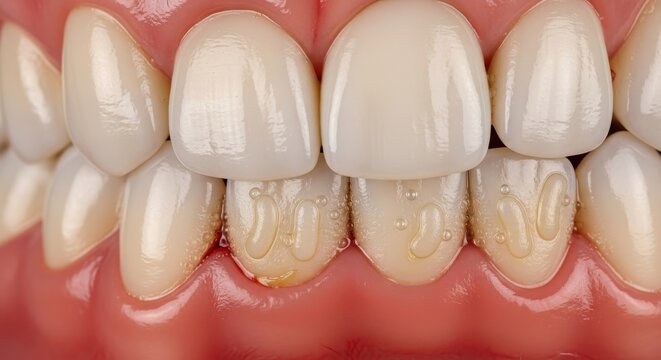Close-up of teeth with plaque and gum inflammation.