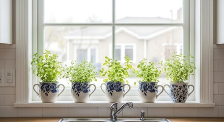 Five vibrant green herb plants growing in decorative blue and white floral patterned mugs lined up neatly along a bright kitchen window sill on transparent background