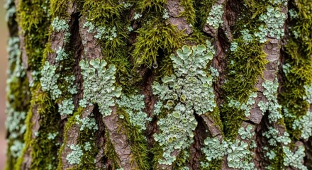 Obraz premium Close-up of tree bark covered in moss and lichen.