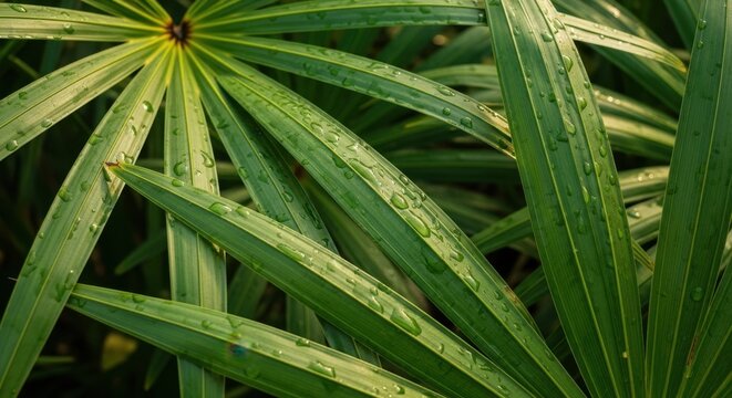 Close-up of Vibrant Green Papyrus Plant Leaves.