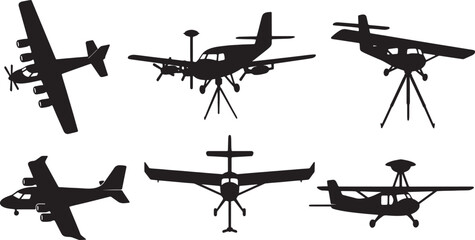 Black Solid Aerial Survey Aircraft Silhouettes Set of Six on White Background