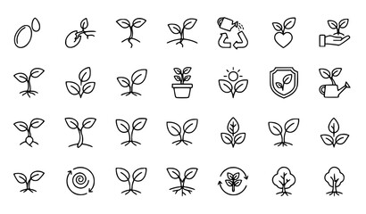 Obraz premium Minimal sprout outline icon set vector with plant growth eco sustainability symbols for UI and app design