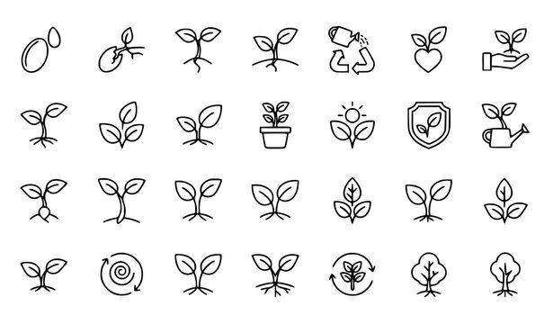 Minimal sprout outline icon set vector with plant growth eco sustainability symbols for UI and app design