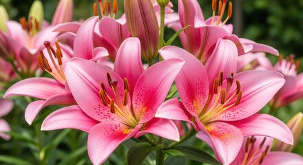 Fototapeta premium Close-up of Vibrant Pink Lilies in Full Bloom.