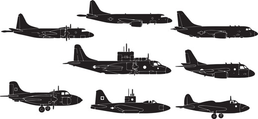 Black Solid Anti-Submarine Warfare Aircraft Silhouettes Set of Six on White Background © ShahvezGrhi 