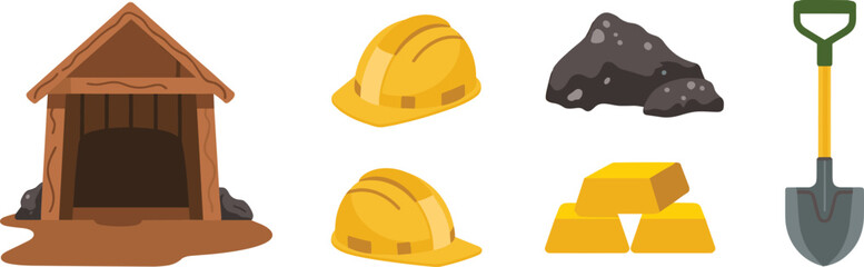Mining industry illustration with mine entrance safety helmets coal gold bars and shovel equipment flat vector set © SreeRupali