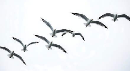 Group of Seagulls Flying in Overcast Sky with White Clouds