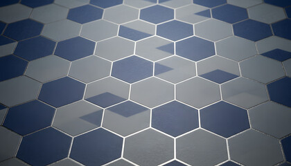 Fototapeta premium Modern Geometric Hexagon Tile Background in Navy Blue and Gray with Textured Surface and Perspective View
