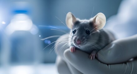 Fototapeta premium Lab technician holding a small laboratory mouse in gloved hands. Animal testing and pharmaceutical trials. Scientist wearing white gloves handling a rodent for medical observation
