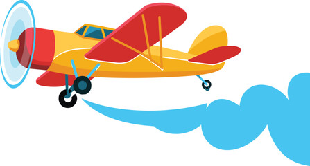 Yellow and red biplane flying with blue motion trail and propeller spinning airplane © Frd Art