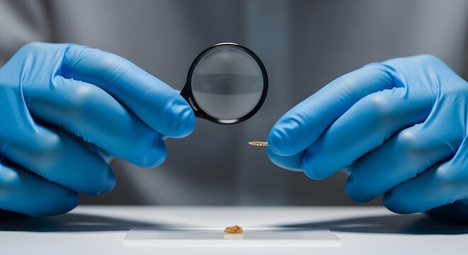 Scientist holding magnifying glass over a biological sample. Laboratory analysis and forensic research. Person wearing blue gloves examining a specimen with professional tools