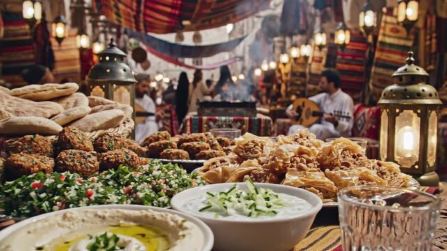 Lavish Middle Eastern Feast: Traditional Dishes, Sweet Pastries, and Hummus Served in a Vibrant Bazaar Setting with Cultural Ambiance