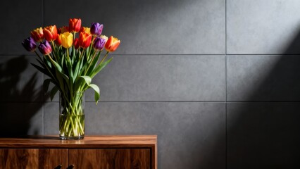 Vibrant Tulip Arrangement on a Contemporary Wooden Surface