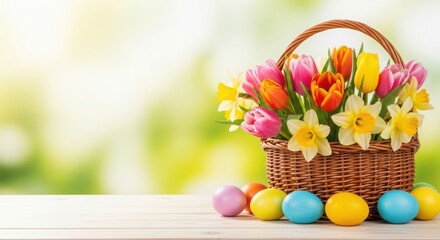 Easter basket with colorful tulips and eggs on a wooden table