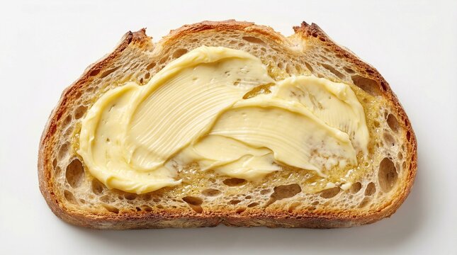 Slice of crusty artisan sourdough bread thickly spread with butter, top view isolated on white background
