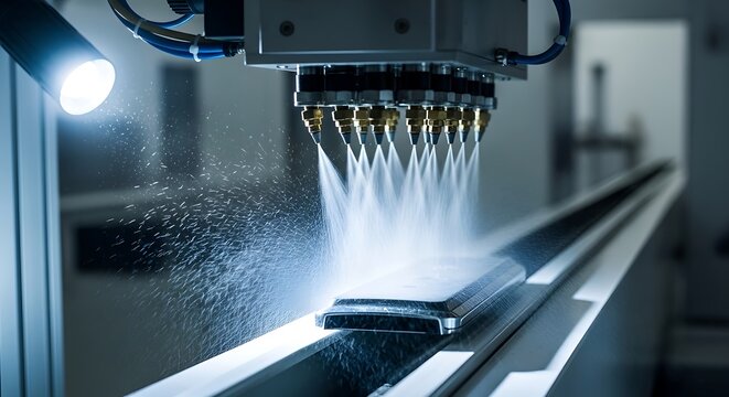 Automated industrial spray coating machine applying liquid onto a product on a conveyor belt