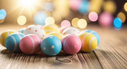 Colorful easter eggs on a wooden table with bokeh background