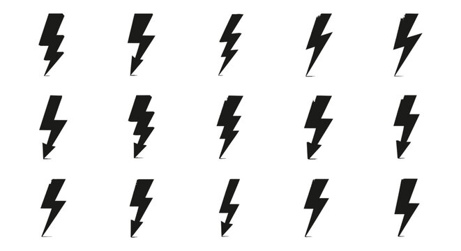 distressed lightning bolt icons grunge thunderbolt symbols on white conveying electricity power speed warning.