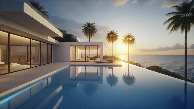 Luxurious modern villa with an inviting infinity pool offering breathtaking panoramic ocean views at a serene tropical sunset, perfect for an exclusive escape